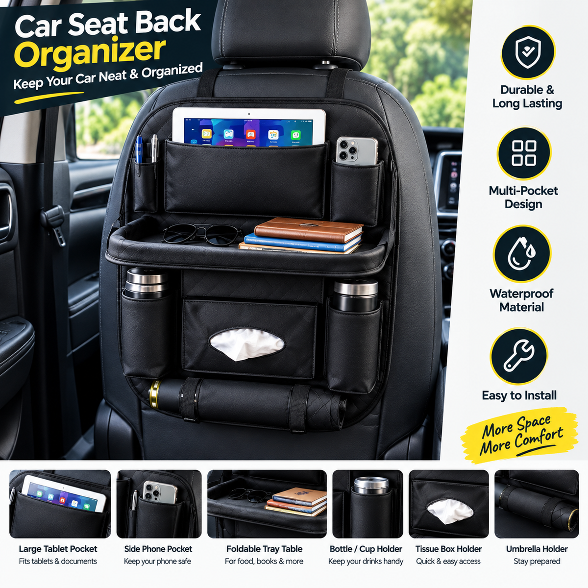 Car back seat organiser fitted behind a car seat