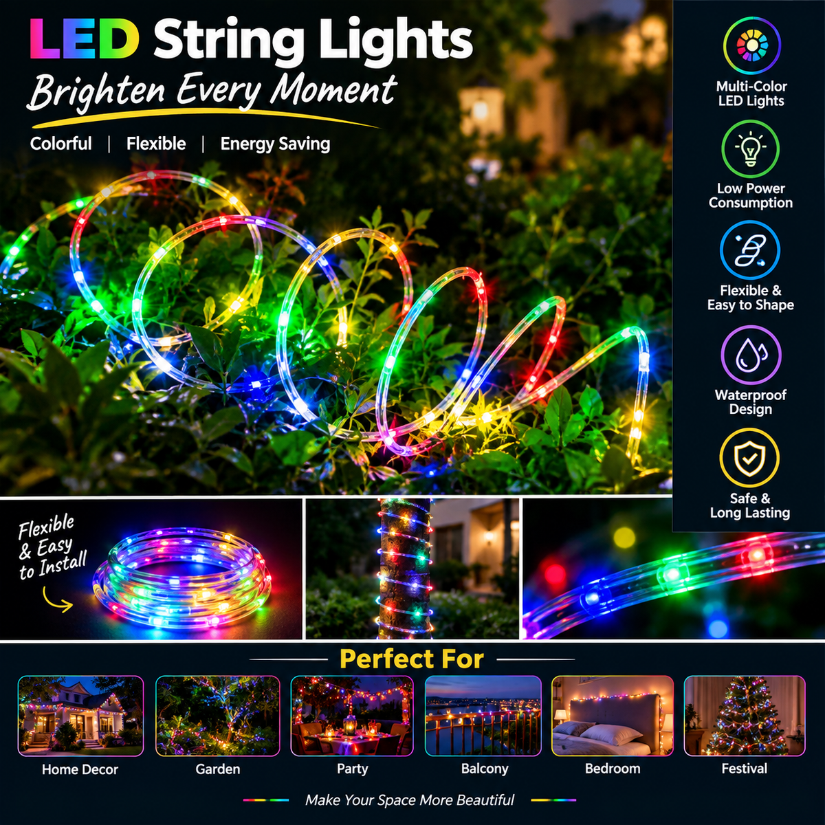 RGB colour changing LED strip light lit in multiple colours