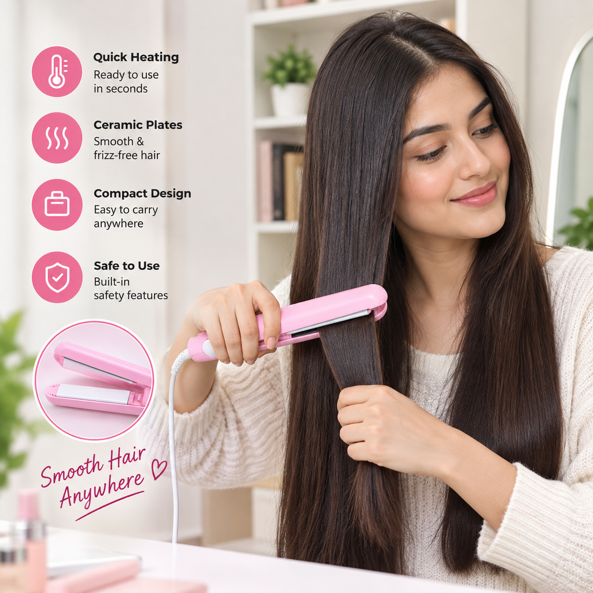 Mini hair straightener features and safety details